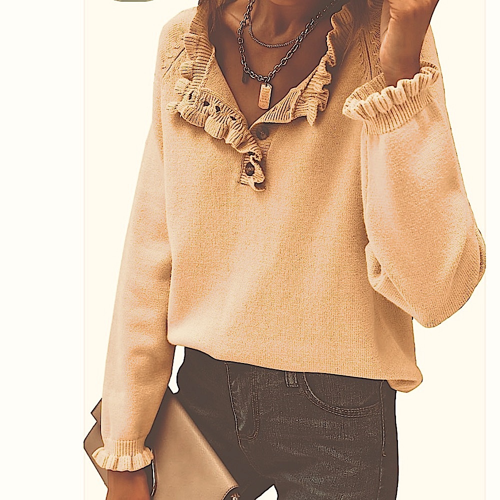 Vintage Inspired Long Sleeve Ruffle Button Neutral Gold Pullover Knit Sweater M